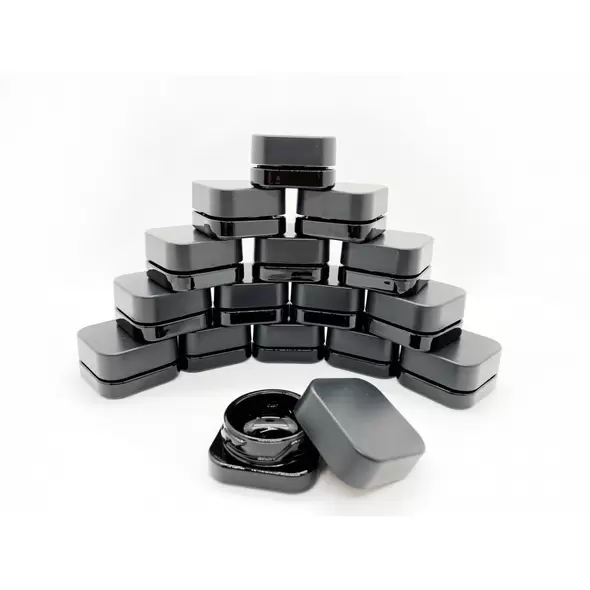 9cc Black SQUARE Glass Jar with Child Resistant Cap - 64 Jars/Tray - SW Packaging