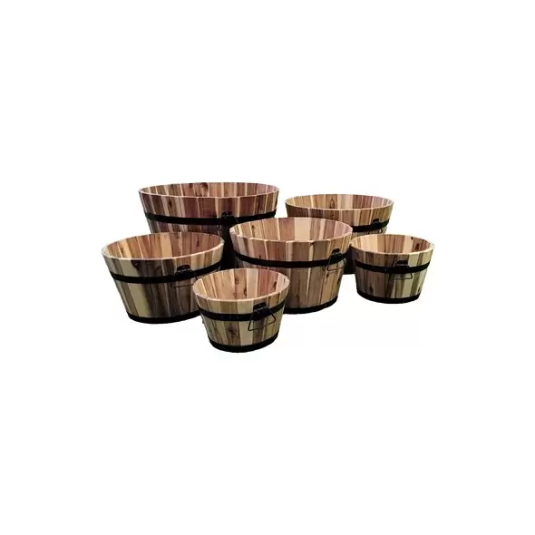 Devault 6pc Set Whiskey Barrel Planters Light Oil Stain