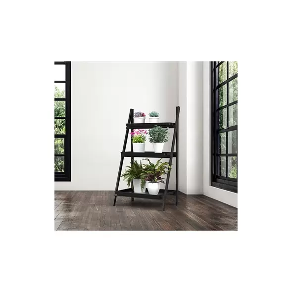 Panacea Folding Narrow Step Ladder 3 Tier Plant Stand with Metal Trays Matte Black