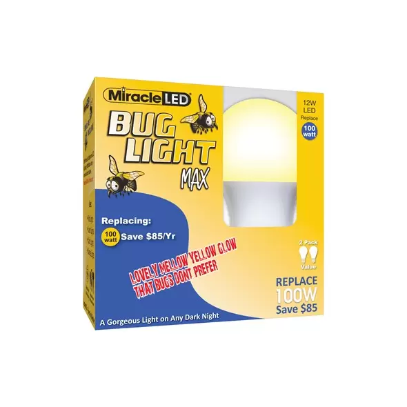 Miracle LED 2pk Bug Light MAX 12W Yellow LED A19 Porch & Patio Bulb