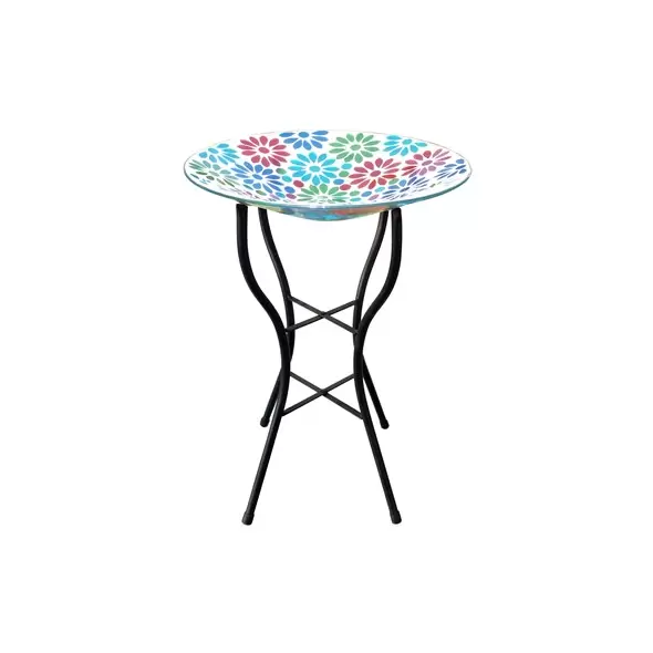 Gardener Select 14" Glass Birdbath Multicolor Flower Mosaic w/Stand