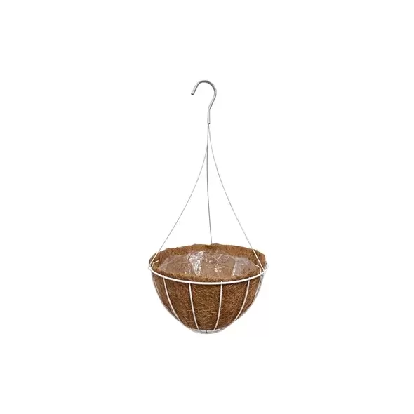 GROWER SELECT 12" HANGING BASKET WHITE WIRE HANGER FLAT BOTTOM COCO LINER; TOP DIA 12IN X 6IN H 1.58 GAL /6L LIQUID VOLUME CAPACITY