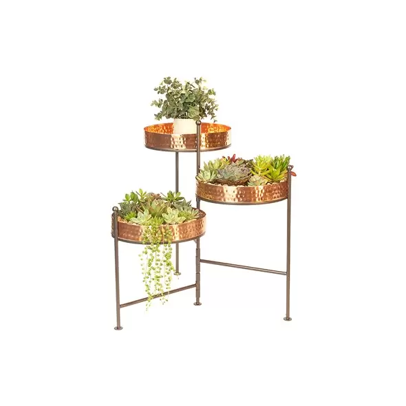Panacea Contemporary Hammered Trays 3-tier Folding Plant Stand Copper Finish