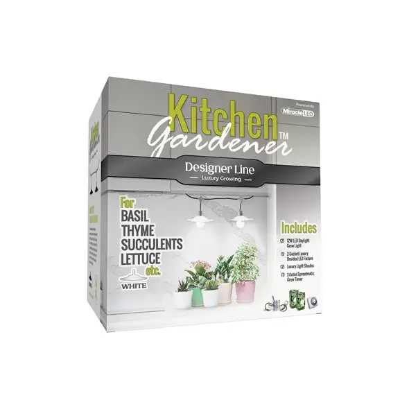 Miracle LED Designer Line Grow Kit 2 Socket Fixture w/Braided Cord, White Shade & Timer- Full Spectrum Bulbs