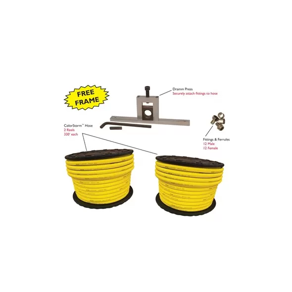 Dramm 5/8 inch Custom Hose Starter Kit Includes 2 Spools 5/8 In x 330Ft Color Storm Yellow Hose, 1 DP Frame Only, 1 DPJ625 5/8 Jaws, 12 Ea Male Fittings, 12 Ea Female Fittings