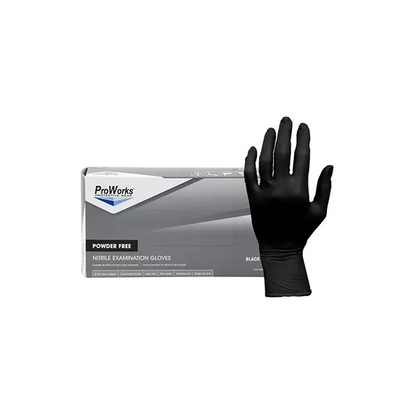 ProWorks Disposable Nitrile Exam Grade Gloves, Powder Free, Black, 6 mil, Small, 100ct Box, 10/CS