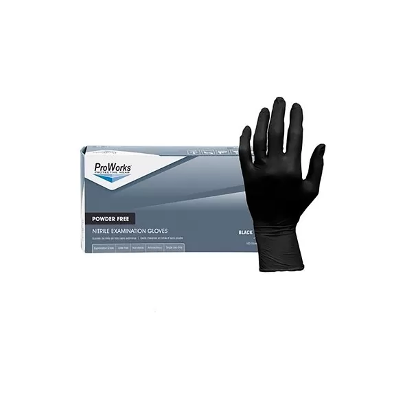 ProWorks Disposable Nitrile Exam Grade Gloves, Powder Free, Black, 4 mil, Large, 100ct Box, 10/CS