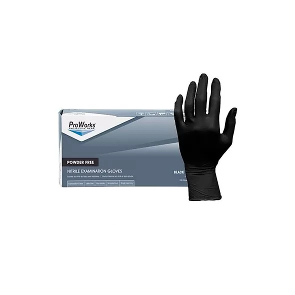 ProWorks Disposable Nitrile Exam Grade Gloves, Powder Free, Black, 4 mil, Medium, 100ct Box, 10/CS