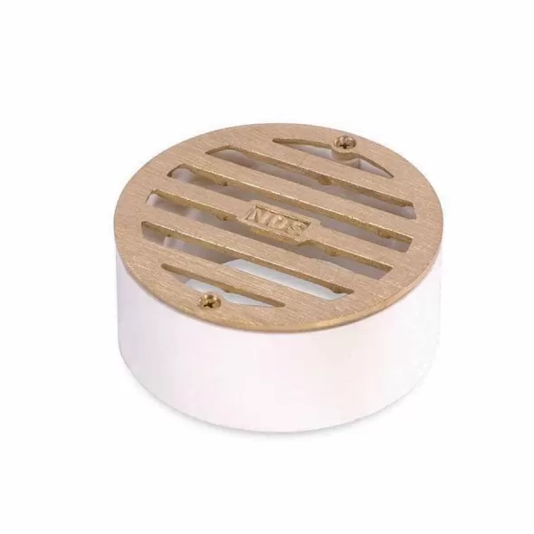 4" Round Satin Brass Flat with PVC Collar Drain Grate | NDS910B