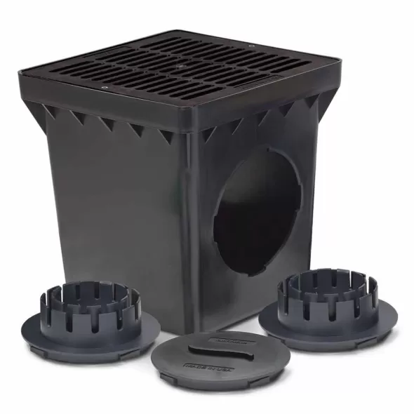 12" x 12" Square 2-Outlet Drainage with Black Grate Catch Basin Kit | RBDDB12KITB