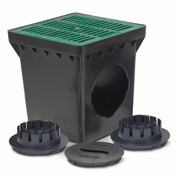 12" x 12" Square 2-Outlet Drainage with Green Grate Catch Basin Kit | RBDDB12KITG