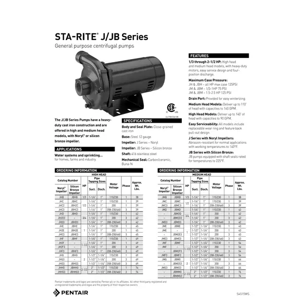 1-1/2 hp 115/230 V 74 gpm General Purpose J-Series Centrifugal Pump | PENJHF