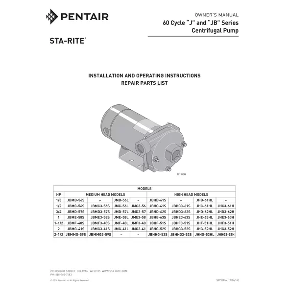 1-1/2 hp 115/230 V 74 gpm General Purpose J-Series Centrifugal Pump | PENJHF