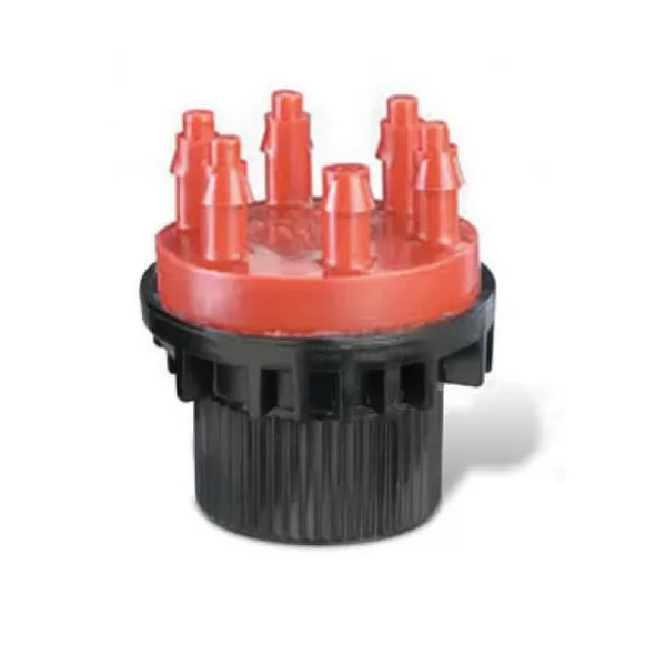 1/2" x 1/4" FPT x Barb 2 gph Plastic Red XB Series Pressure Compensating 6-Outlet Drip Emitter | RBXXBT206
