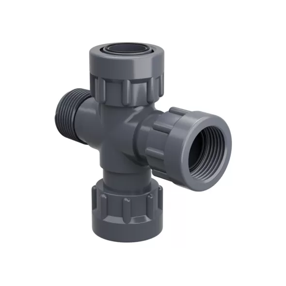 PVC Cross Manifold 1" x 1" x 1" x 1" FPT x FPT x FPT x MPT Swivel | 320-010