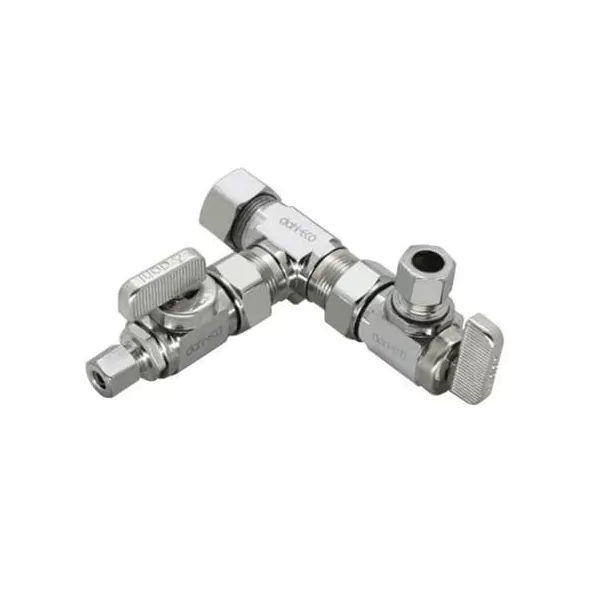 5/8" x 3/8" x 1/4" Compression Chrome-Plated Lead-Free Brass 1-Angle Straight Dual Shut-Off Valve | DHLE336000