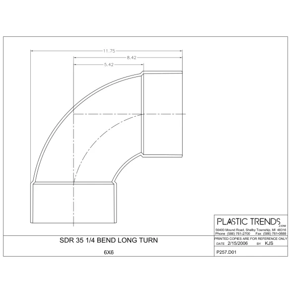 6" Hub White PVC 90 degree Long Turn Solvent Weld Elbow