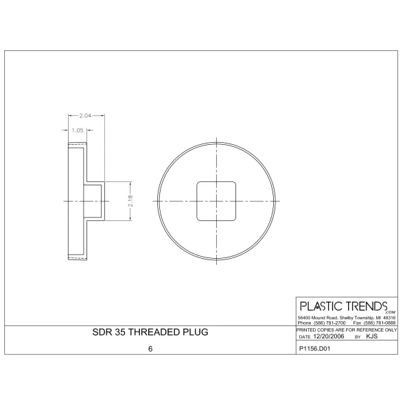 Sewer Plug, 6" MPT PVC P Series SDR-35 Solvent Weld