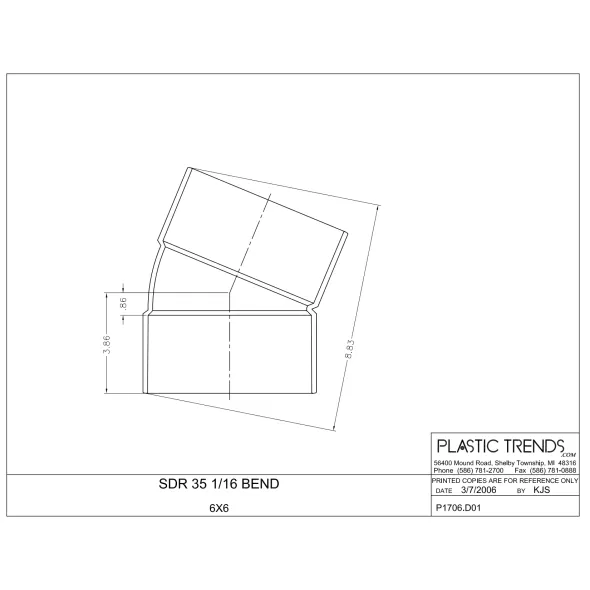 6" Hub White PVC 22-1/2 deg 1/16 Bend Solvent Weld Elbow
