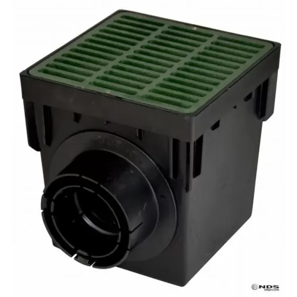 18" x 17-11/16" x 18-9/16" 2-Outlet Black with Green Grate Large Drainage Catch Basin Kit | NDS1882GRKIT