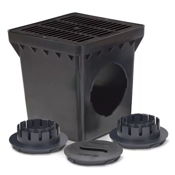 9" x 9" Square 2-Outlet with Black Grate Drainage Catch Basin Kit | RBDDB9KITB