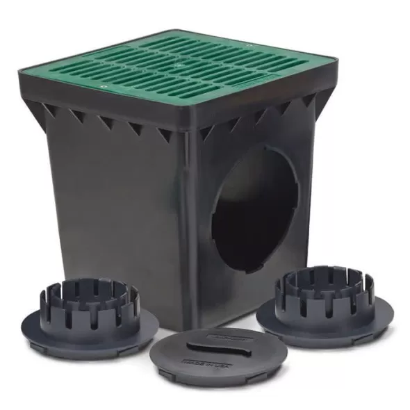 9" x 9" Square 2-Outlet with Green Grate Drainage Catch Basin Kit | RBDDB9KITG