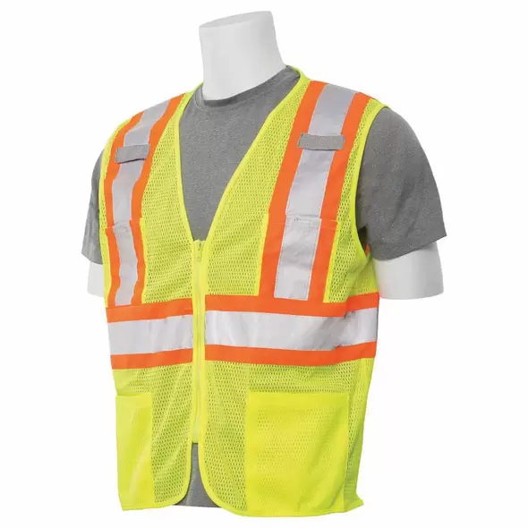 Safety Vest, Large Polyester Hi-Viz Lime S383P Series Multi-Pocket with Contrasting Tape Type R Class 2