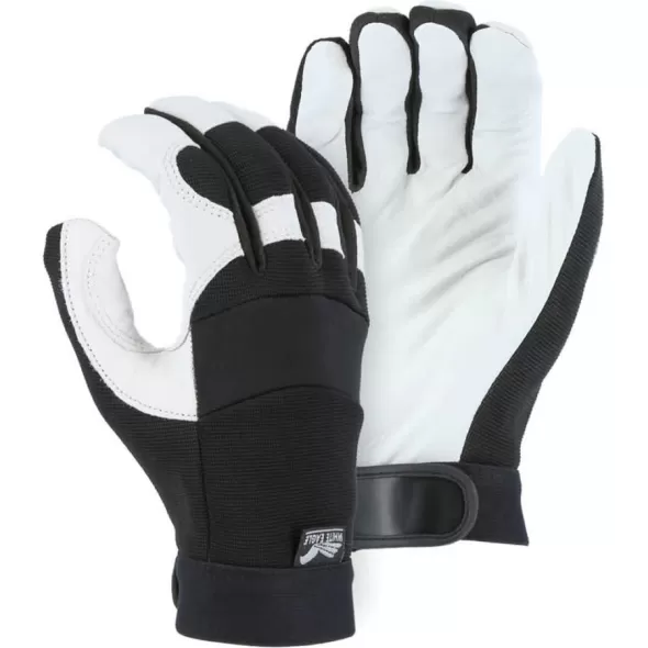 Large Goatskin Leather Black/White Hook and Loop Elastic Wrist Cuff A-Grade Mechanics Gloves | YLS2153L