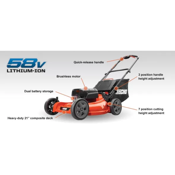 3/4 to 4" x 21" Cutting 58 V Black/Orange Plastic Cordless Push Drive Lawn Mower | ECHCLM58V4AH