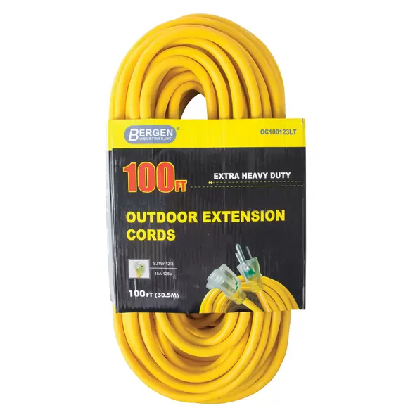 100' 12 ga Yellow Lighted End SJTW Extension Cord | KNGOC100123LT