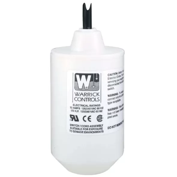 120/240 VAC 13 A 1/2 hp 40' Cord Form C Wide Angle 3-Way Mechanical Tilt Float Switch