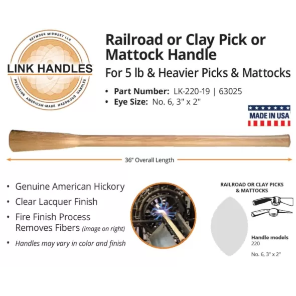 Mattock Handle, 36" American Hickory Wood Clear Lacquer Contractor Grade