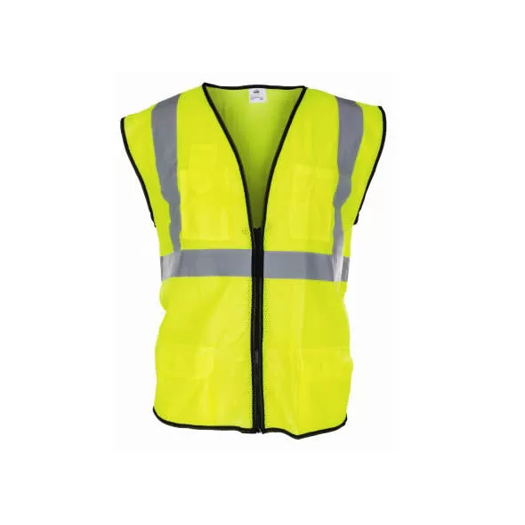 High Visibility Surveyors Safety Vest, Large Polyester Hi-Viz Yellow Zipper 2 Pocket Reflective | 690-2209
