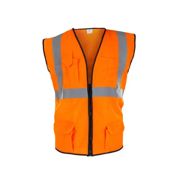 High Visibility Surveyors Safety Vest, Large Polyester Hi-Viz Orange Zipper 2 Pocket Reflective | 692-2209
