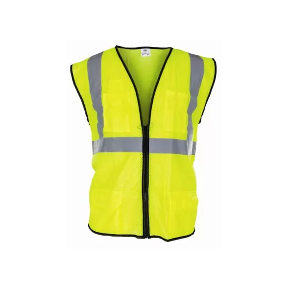 High Visibility Surveyors Safety Vest, X-Large Polyester Hi-Viz Yellow Zipper 2 Pocket Reflective | 690-2210