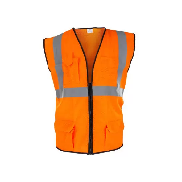 High Visibility Surveyors Safety Vest, X-Large Polyester Hi-Viz Orange Zipper 2 Pocket Reflective | 692-2210