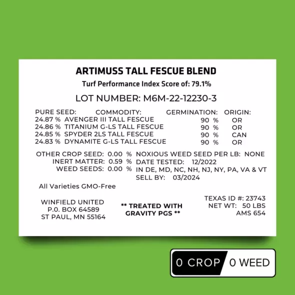 Gt Tf Artimuss High Perf Crt Pgs Mvs 50L 50Lb BG Pgs Tr Eated. Blend Of Top 4 Tall Varieties On Latest NtEP Trials. Blue Tag Certified. Dis Ease, Drought, Traffic Tolerant With High Quality Scores 50 Lb | 112230