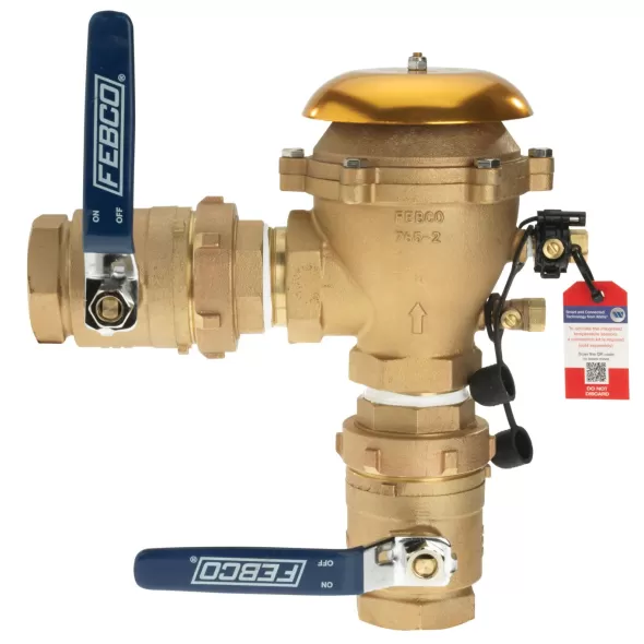 Febco U765-QT-FZ Pressure Vacuum Breaker Backflow Preventer Union Connections Quarter Turn Shutoff w/ Freeze Sensor Contains Lead Bronze 1" | T765EUB
