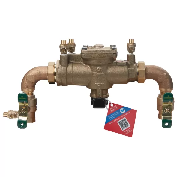 Watts U009-A-QT-FS Reduced Pressure Zone Assembly Backflow Preventer Union Connections Elbow Fittings Quarter Turn Shutoff w/ Flood Sensor Small Diameter Contains Lead Bronze 3/4" | 88004029