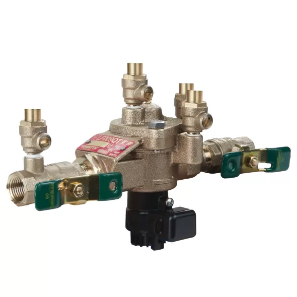 Watts 009M2-PC-QT-FS Reduced Pressure Zone Assembly Backflow Preventer Internal Polymer Coating Quarter Turn Shutoff w/ Flood Sensor Contains Lead Bronze 1-1/4" | 88004133