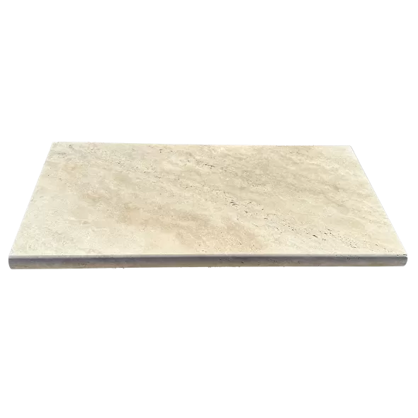 Lonestar Ivory Beige Travertine Tumbled Bullnose Coping Light Walnut 12" x 24" | IBTTB3CP12X24