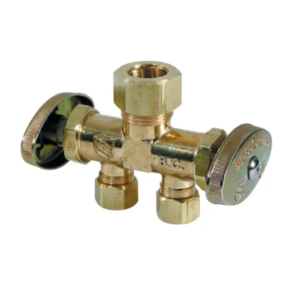 1-Piece Dual Shut-Off Stop Brass 1/2" x 3/8" x 3/8" Compression x Compression x Compression | CR1901DVSX R