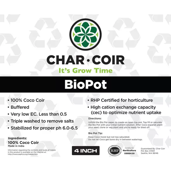 Char Coir BioPot, 4 inch, case of 128