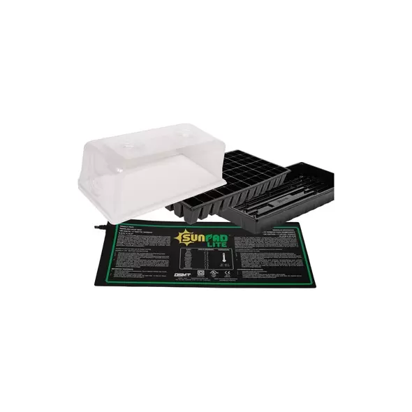 SunDome Mini Greenhouse Kit - Includes 7.5" Humidity Dome, 72-Cell Seedling Insert, 11"x21" Watertight Base Tray, 8 7/8"x19 1/2" SunPad Lite Seedling Heat Mat