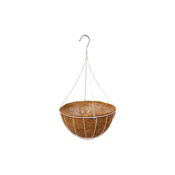 Grower Select 16" Hanging Basket White 20" 4 Strand Wire Hanger Flat Bottom Coco Liner ; 25/Cs 16in X 8in 3.43 GAL / 13 liters Liquid Volume Capacity