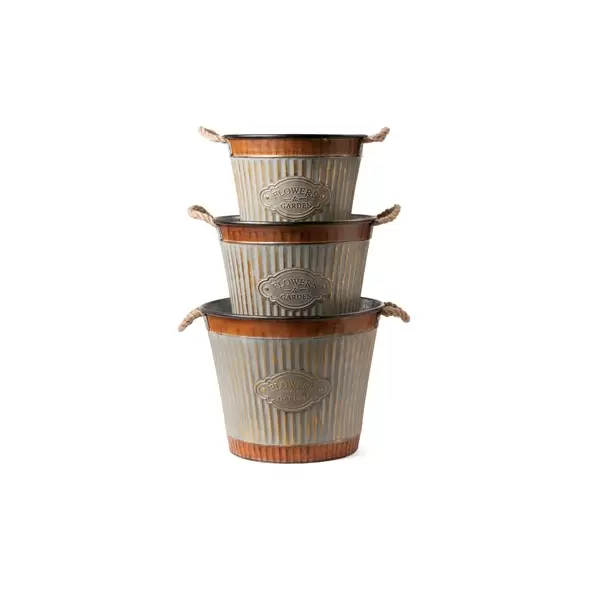 Deer Park 3pc Set Corrugated Tub Planters Round Flowers & Garden