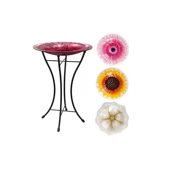Panacea 3pc 14" Assorted Glass Bird Bath with Stand - Pink Mum, Sunflower & White Magnolia
