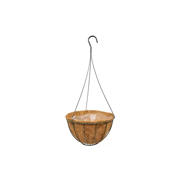 GROWER SELECT 12" HANGING BASKET HUNTER GREEN WIRE HANGER FLAT BOTTOM COCO LINER; TOP DIA 12IN X 6IN H 1.58 GAL /6L LIQUID VOLUME CAPACITY