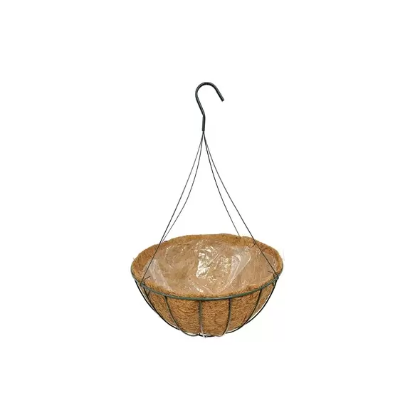 Grower Select 16" Hanging Basket Hunter Green 20" 4 Strand Wire Hanger Flat Bottom Coco Liner ; 16in X 8in 3.43 GAL / 13 liters Liquid Volume Capacity